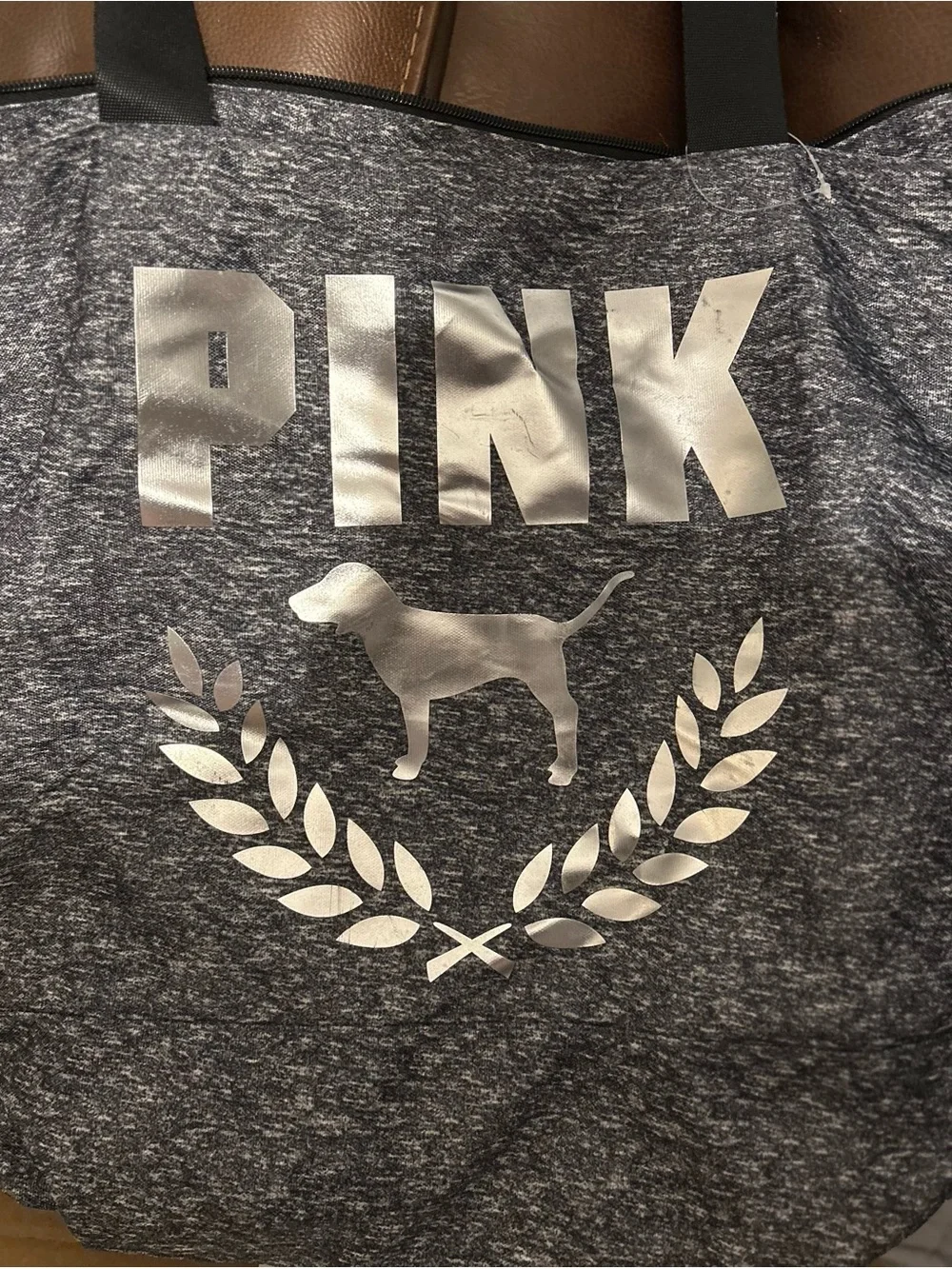 PINK Metallic Logo large tote- Charcoal Gray, good condition 🌟